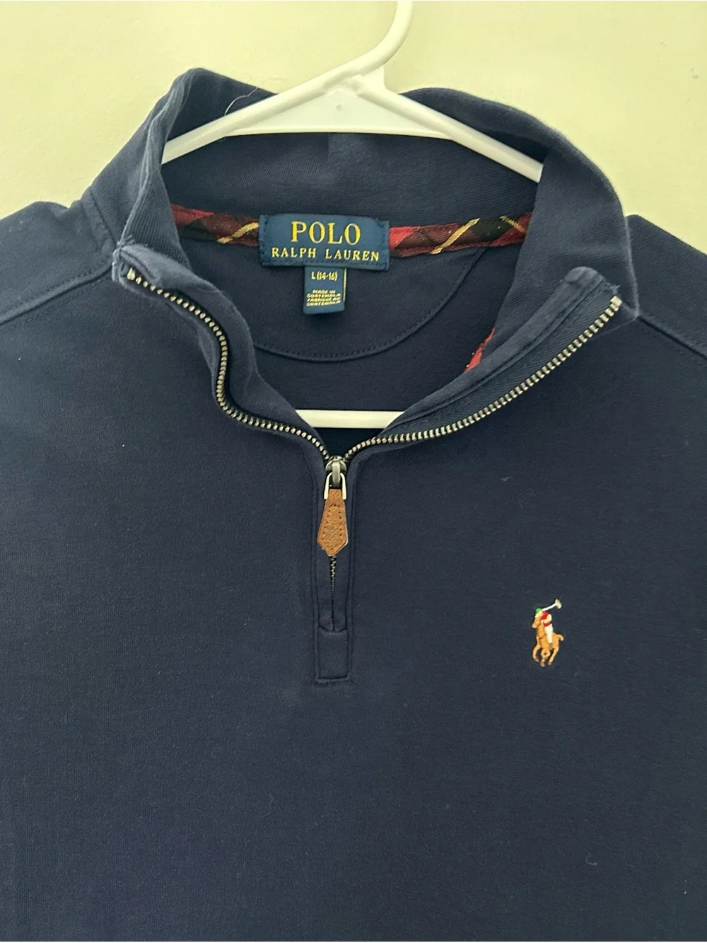 Boy’s size L (14-16) Ralph Lauren Navy Half-Zip Sweatshirt with Orange Pony.